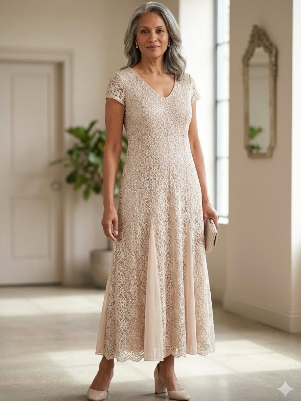 Womens XL Dress Beige Lace Sequins Formal Gown Cocktail Party Candalite